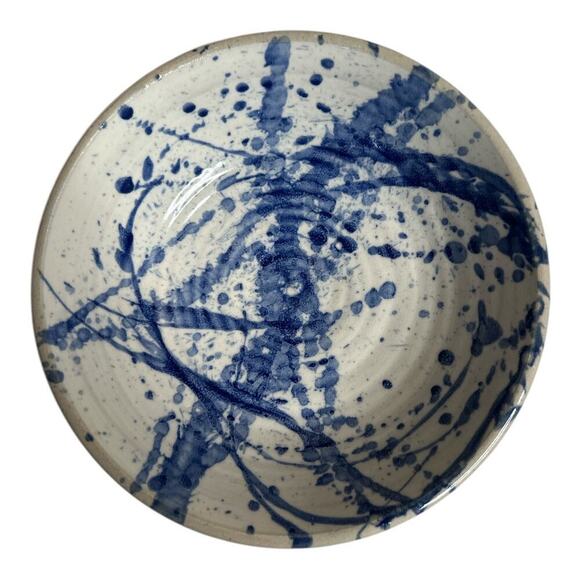 Vintage Blue Splatter Stoneware Pottery Bowl Artist Signed 7.5" W x 2.75" H - Picture 2 of 5